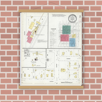 Old map wall art mockup — magnetic wood frame on brick wall — Sanborn Fire Insurance Map from Chenoa, McLean County, Illinois (1907), Sheet #0001