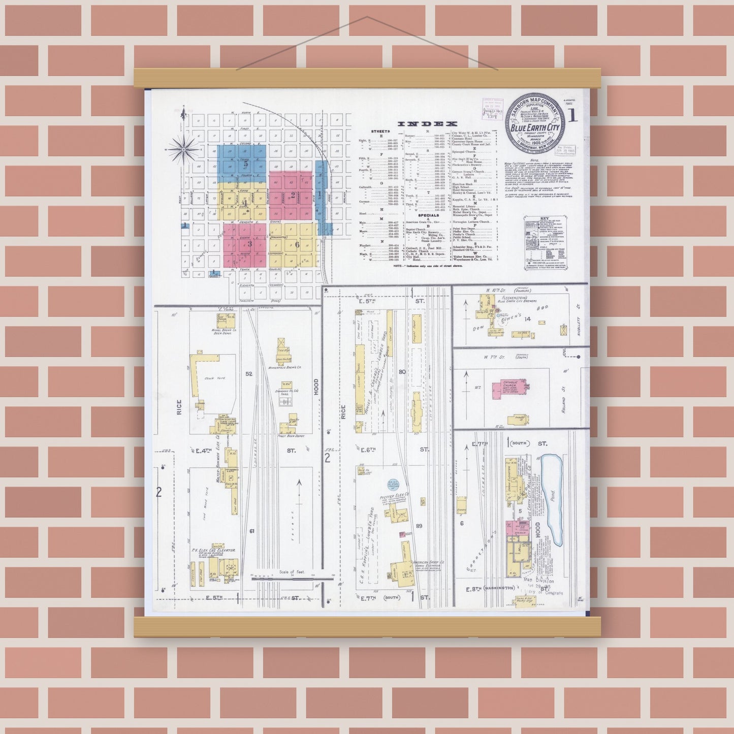 Old map wall art mockup — magnetic wood frame on brick wall — Sanborn Fire Insurance Map from Blue Earth, Faribault County, Minnesota (1905), Sheet #0001