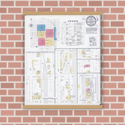 Old map wall art mockup — magnetic wood frame on brick wall — Sanborn Fire Insurance Map from Blue Earth, Faribault County, Minnesota (1905), Sheet #0001