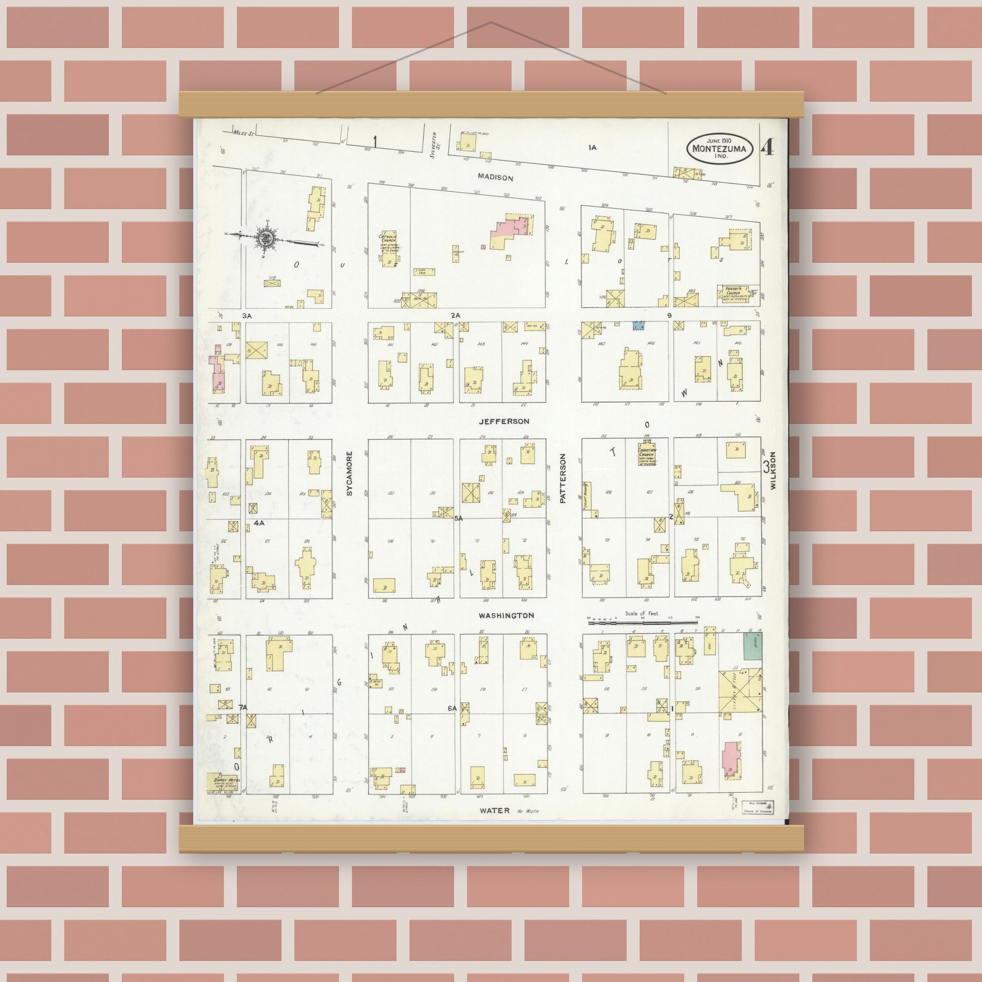 Old map wall art mockup — magnetic wood frame on brick wall — Sanborn Fire Insurance Map from Montezuma, Parke County, Indiana (1910), Sheet #0004