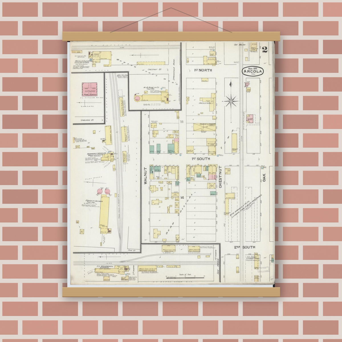 Old map wall art mockup — magnetic wood frame on brick wall — Sanborn Fire Insurance Map from Arcola, Douglas County, Illinois (1892), Sheet #0002