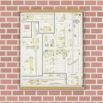 Old map wall art mockup — magnetic wood frame on brick wall — Sanborn Fire Insurance Map from Arcola, Douglas County, Illinois (1892), Sheet #0002