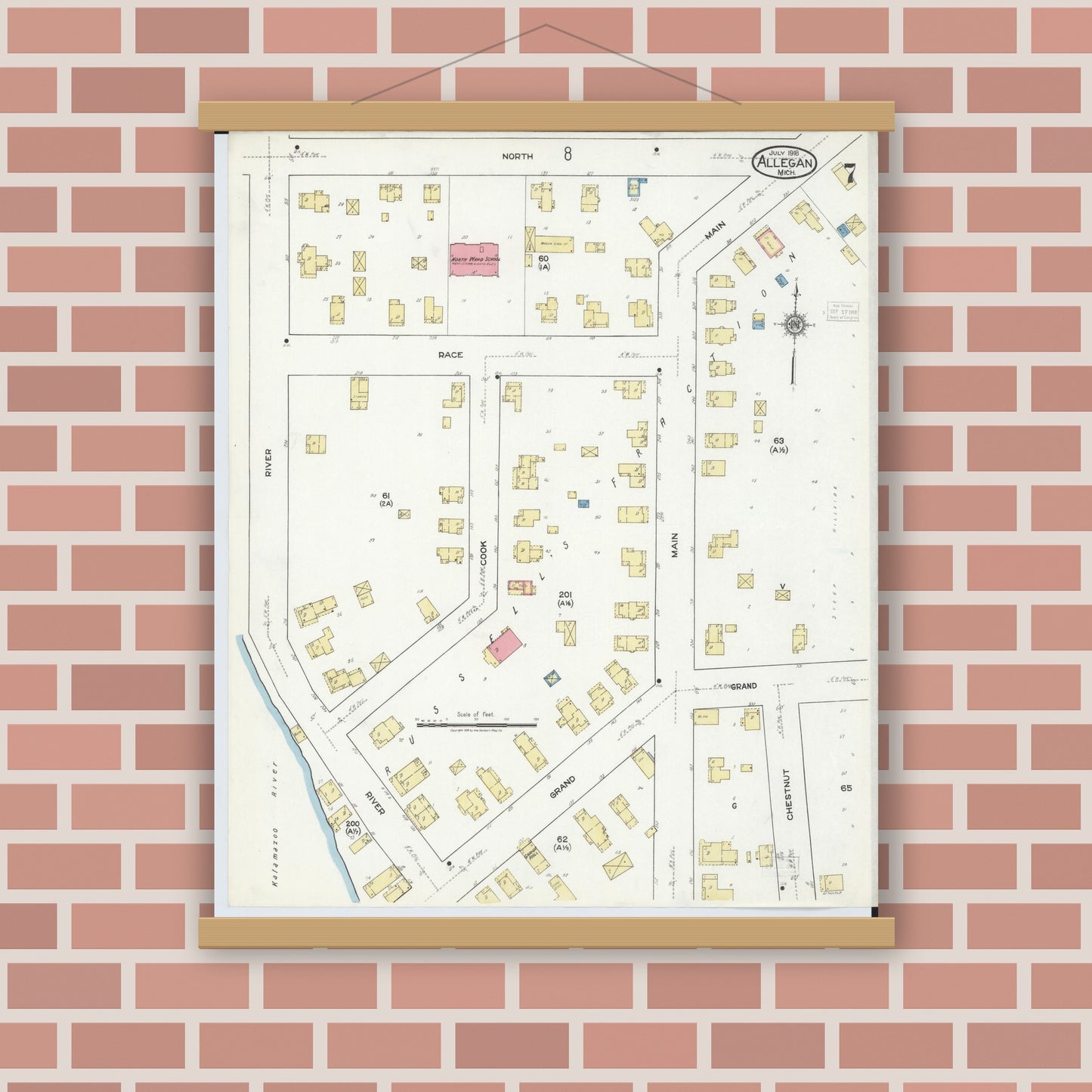 Old map wall art mockup — magnetic wood frame on brick wall — Sanborn Fire Insurance Map from Allegan, Allegan County, Michigan (1918), Sheet #0007
