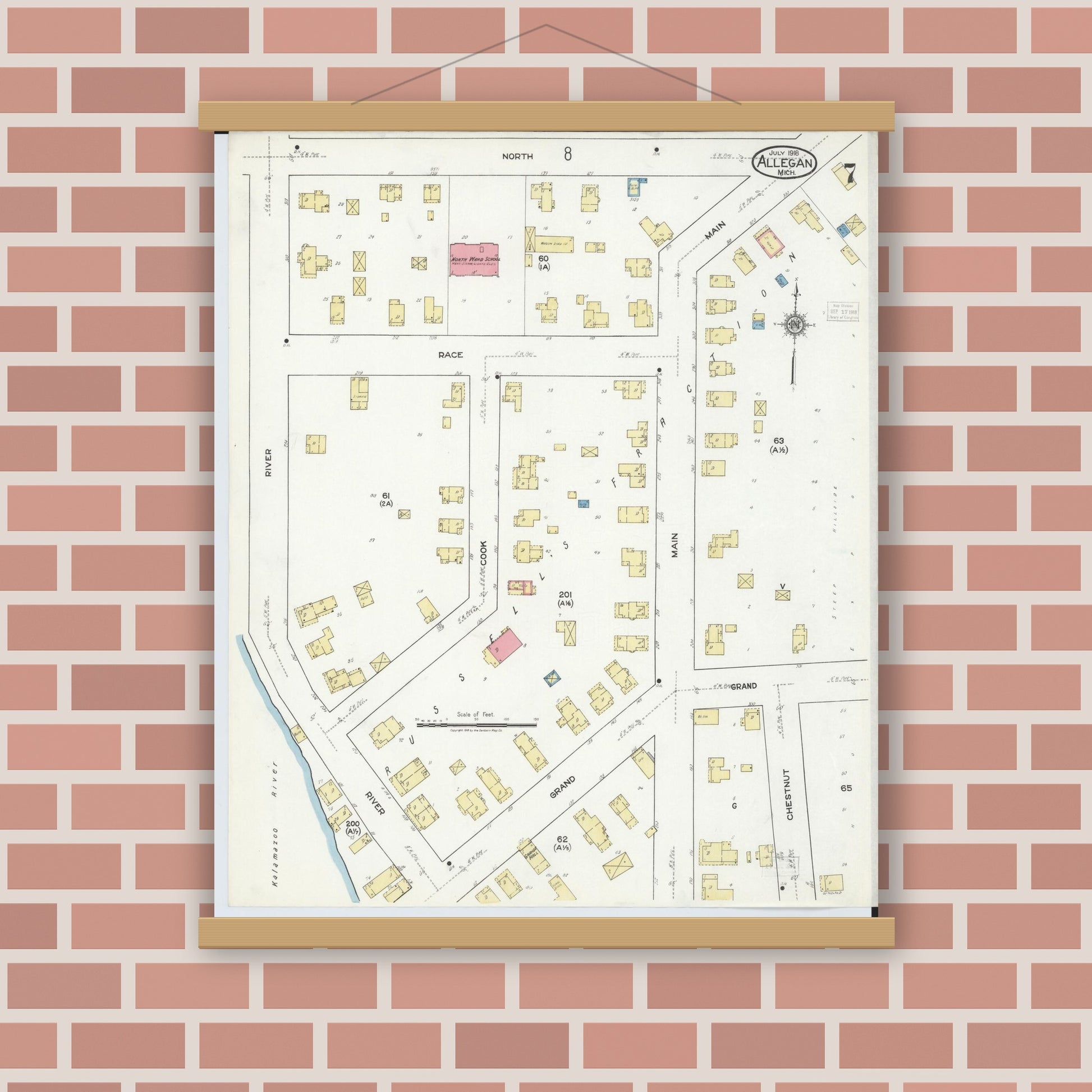 Old map wall art mockup — magnetic wood frame on brick wall — Sanborn Fire Insurance Map from Allegan, Allegan County, Michigan (1918), Sheet #0007