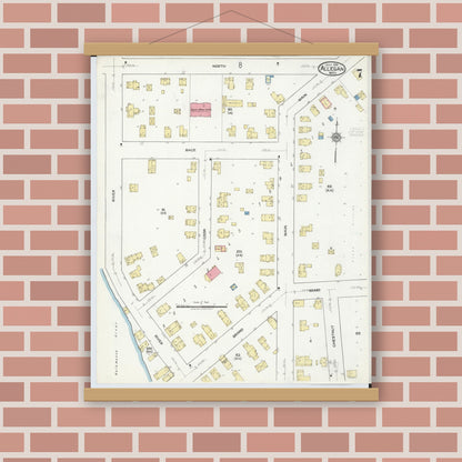 Old map wall art mockup — magnetic wood frame on brick wall — Sanborn Fire Insurance Map from Allegan, Allegan County, Michigan (1918), Sheet #0007