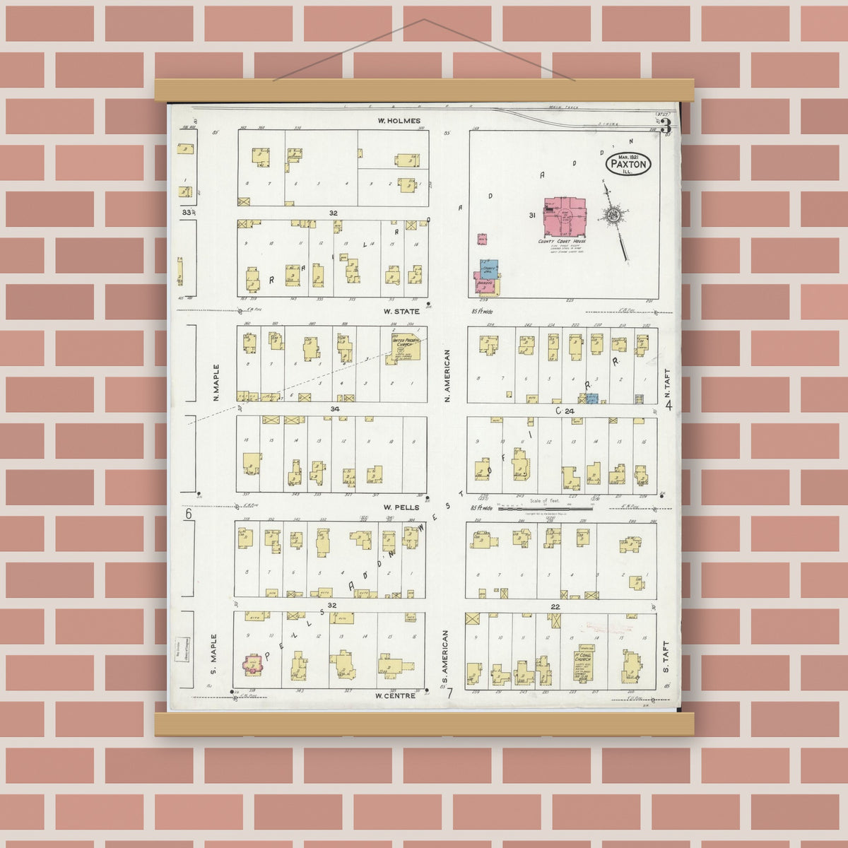 Old map wall art mockup — magnetic wood frame on brick wall — Sanborn Fire Insurance Map from Paxton, Ford County, Illinois (1921), Sheet #0003
