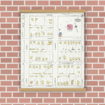 Old map wall art mockup — magnetic wood frame on brick wall — Sanborn Fire Insurance Map from Paxton, Ford County, Illinois (1921), Sheet #0003