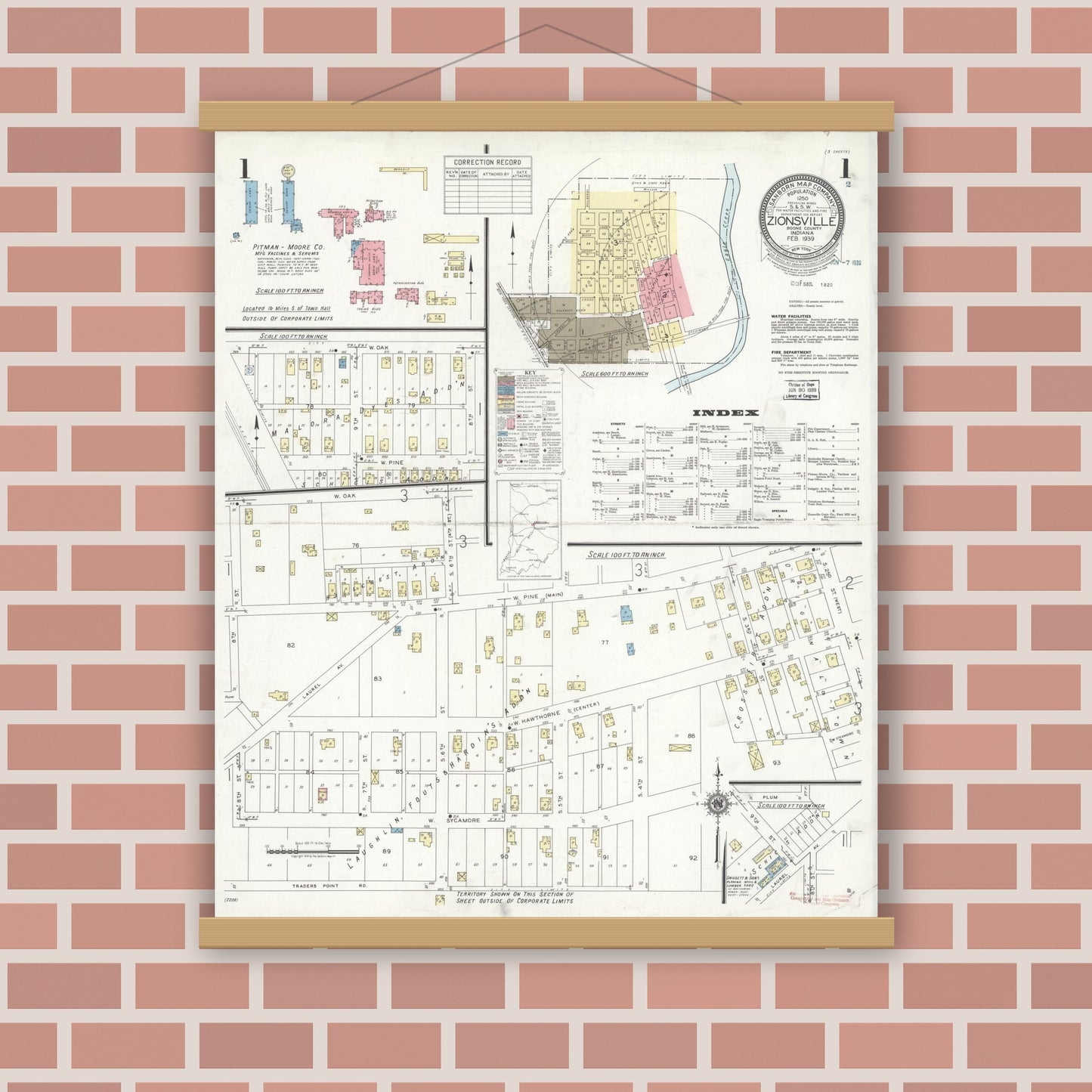 Old map wall art mockup — magnetic wood frame on brick wall — Sanborn Fire Insurance Map from Zionsville, Boone County, Indiana (1939) - Complete Map Set