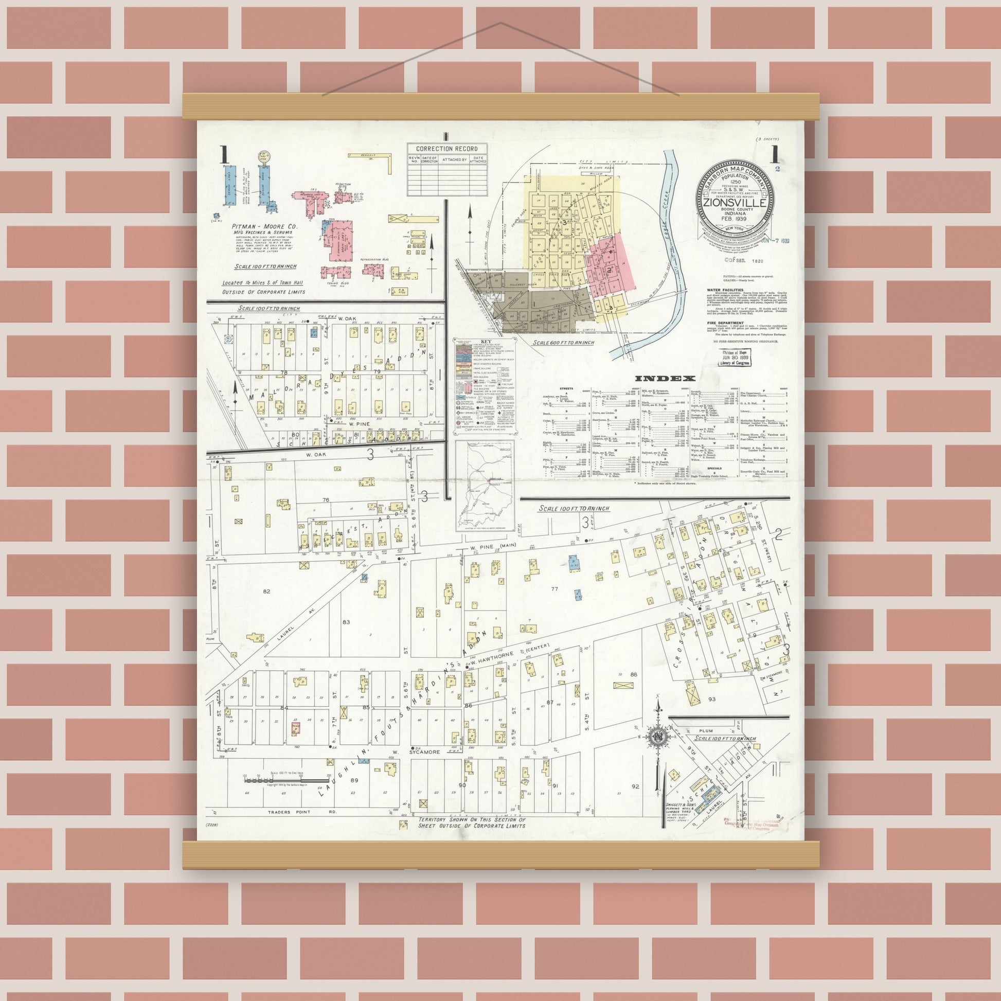 Old map wall art mockup — magnetic wood frame on brick wall — Sanborn Fire Insurance Map from Zionsville, Boone County, Indiana (1939) - Complete Map Set