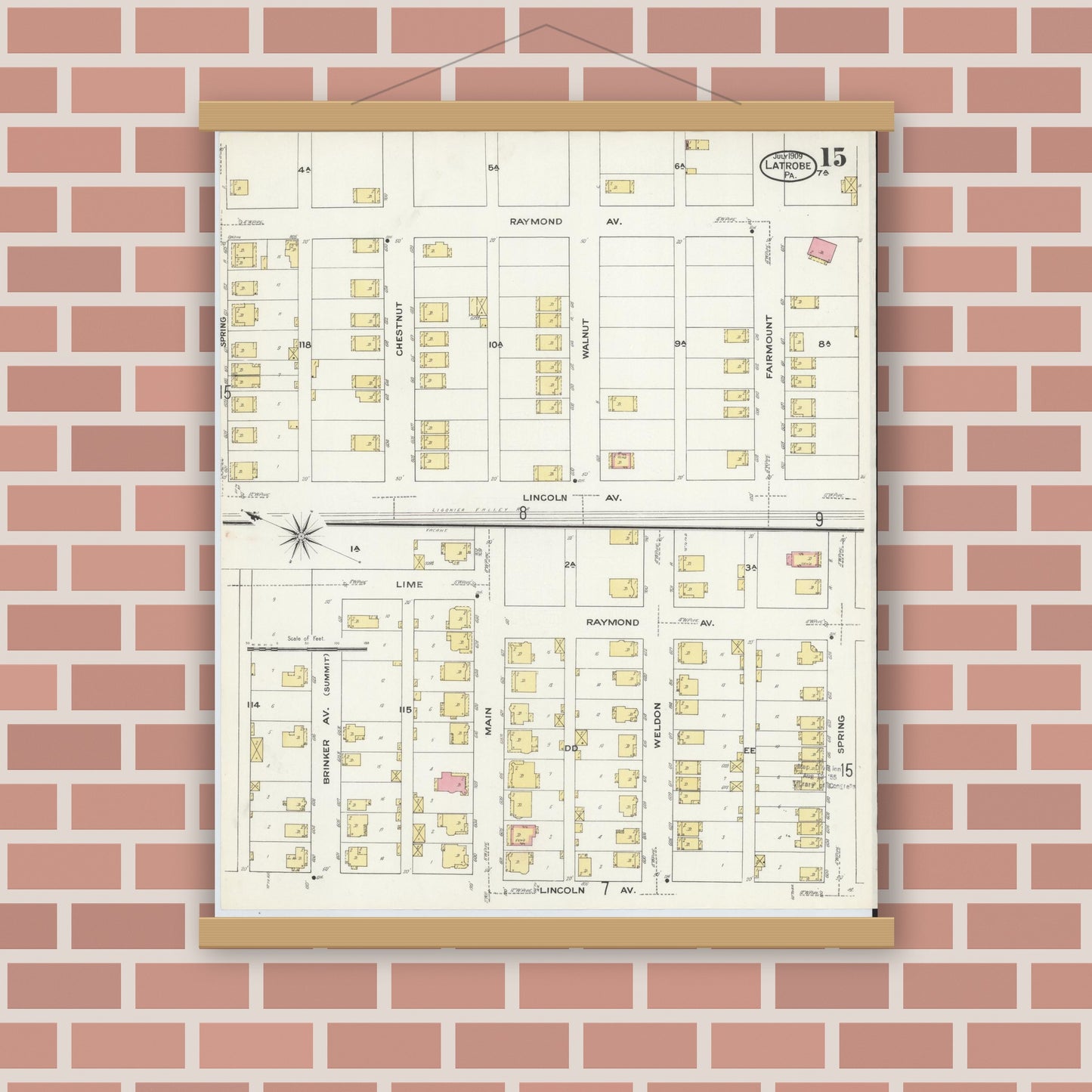 Old map wall art mockup — magnetic wood frame on brick wall — Sanborn Fire Insurance Map from Latrobe, Westmoreland County, Pennsylvania (1909), Sheet #0015