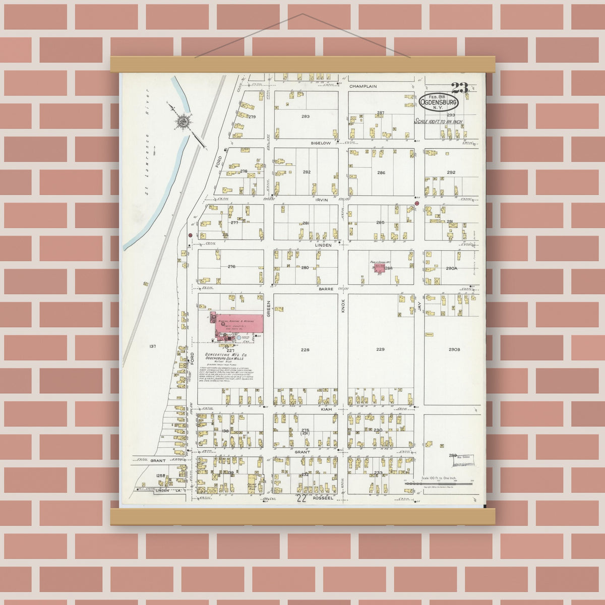 Old map wall art mockup — magnetic wood frame on brick wall — Sanborn Fire Insurance Map from Ogdensburg, St. Lawrence County, New York (1918), Sheet #0023