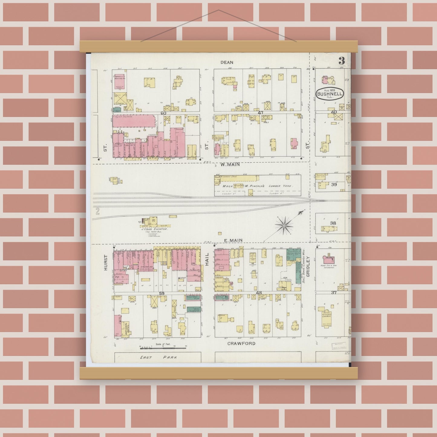 Old map wall art mockup — magnetic wood frame on brick wall — Sanborn Fire Insurance Map from Bushnell, Mcdonough County, Illinois (1893), Sheet #0003
