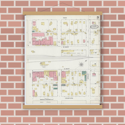 Old map wall art mockup — magnetic wood frame on brick wall — Sanborn Fire Insurance Map from Bushnell, Mcdonough County, Illinois (1893), Sheet #0003