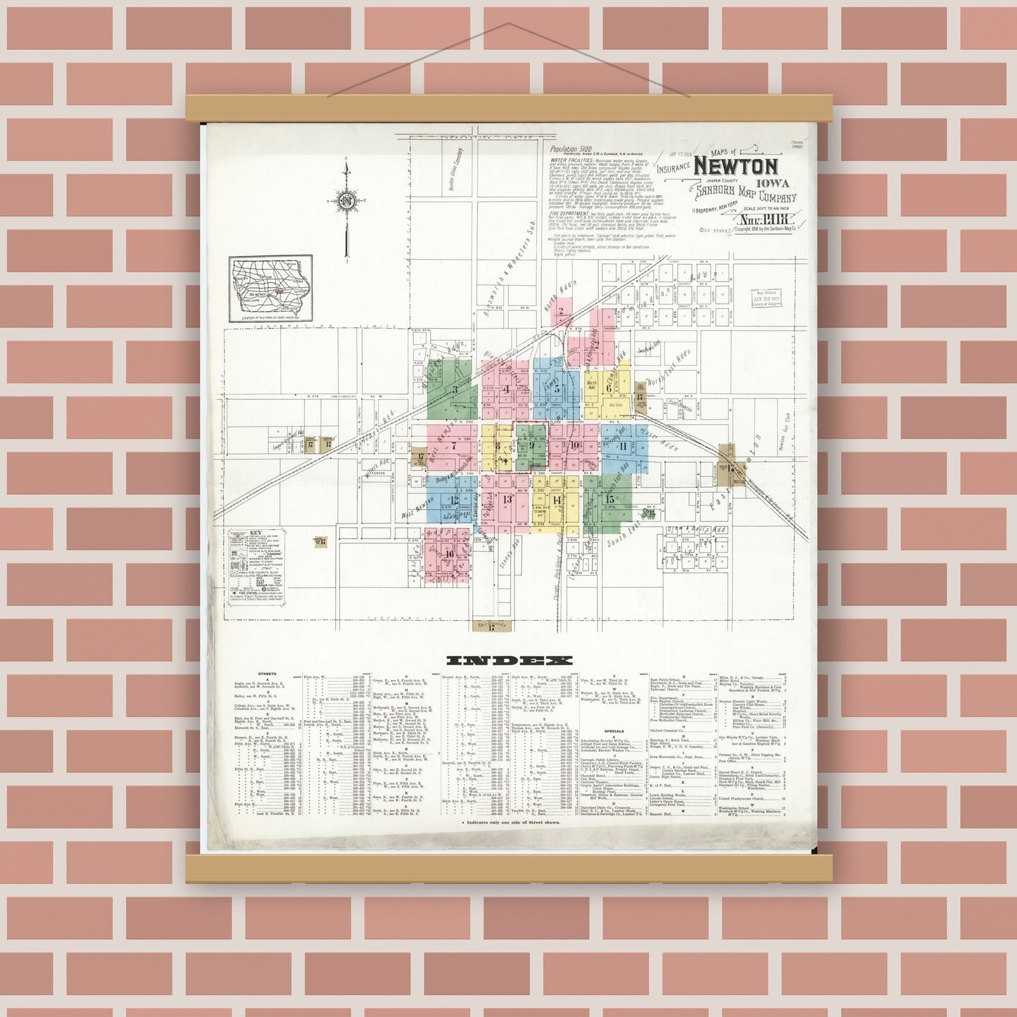Old map wall art mockup — magnetic wood frame on brick wall — Sanborn Fire Insurance Map from Newton, Jasper County, Iowa (1918), Sheet #0001