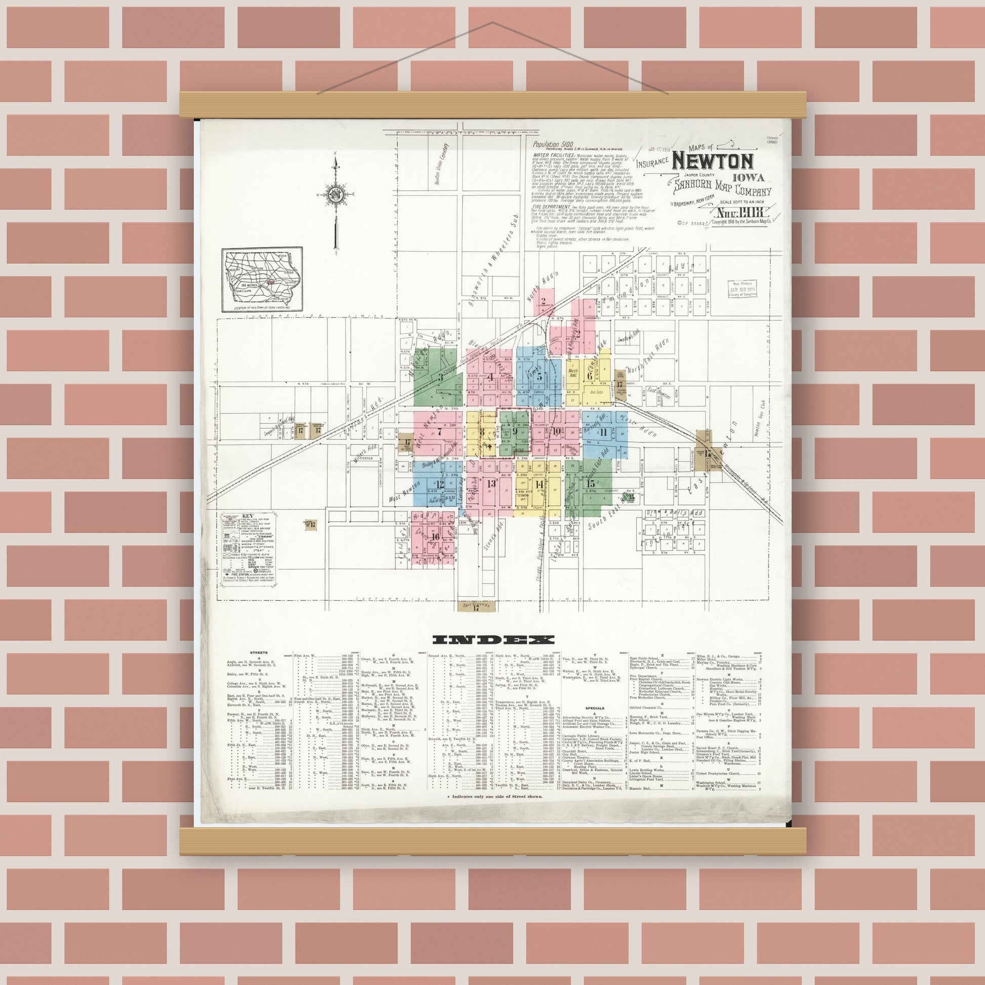 Old map wall art mockup — magnetic wood frame on brick wall — Sanborn Fire Insurance Map from Newton, Jasper County, Iowa (1918), Sheet #0001