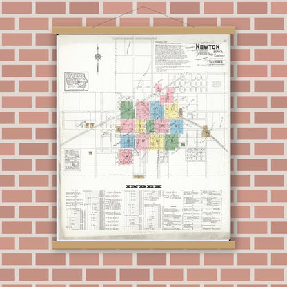 Old map wall art mockup — magnetic wood frame on brick wall — Sanborn Fire Insurance Map from Newton, Jasper County, Iowa (1918), Sheet #0001