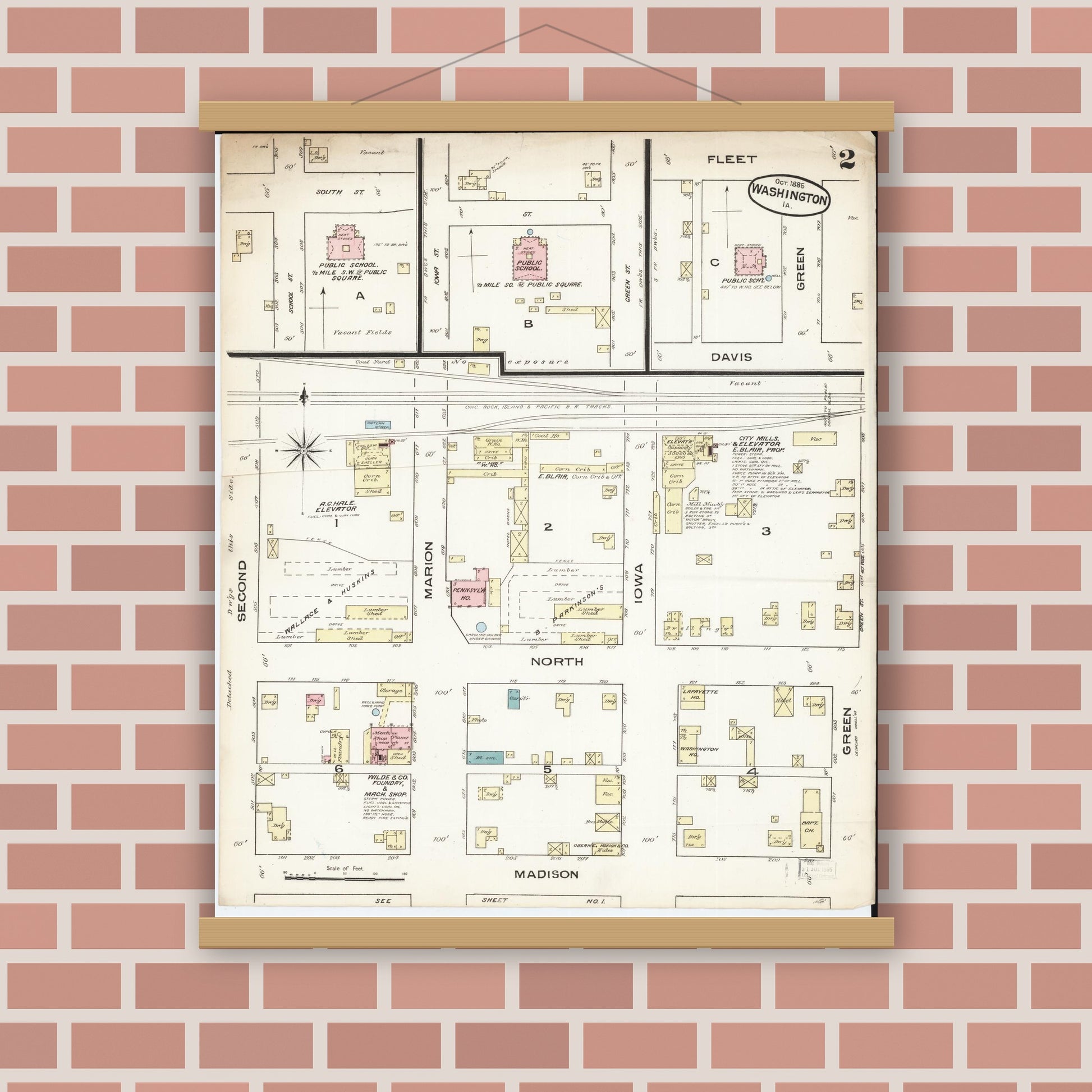 Old map wall art mockup — magnetic wood frame on brick wall — Sanborn Fire Insurance Map from Washington, Washington County, Iowa (1885), Sheet #0002
