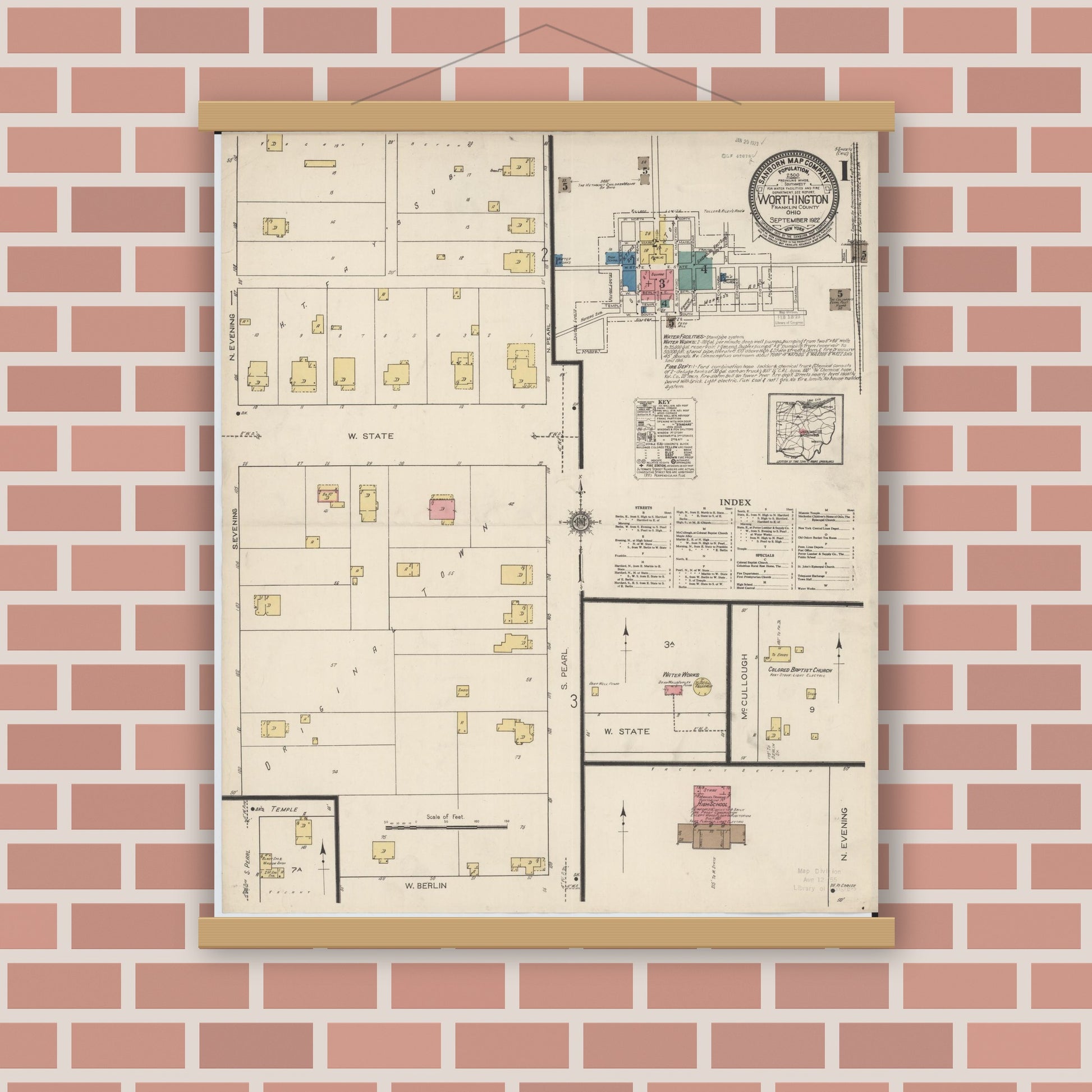 Old map wall art mockup — magnetic wood frame on brick wall — Sanborn Fire Insurance Map from Worthington, Franklin County, Ohio (1922), Sheet #0001