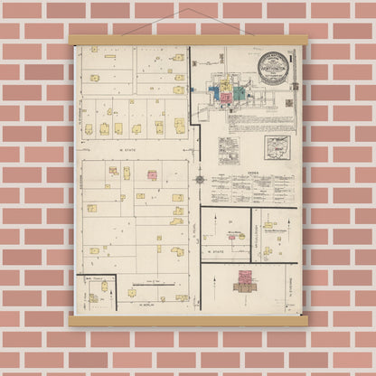 Old map wall art mockup — magnetic wood frame on brick wall — Sanborn Fire Insurance Map from Worthington, Franklin County, Ohio (1922), Sheet #0001