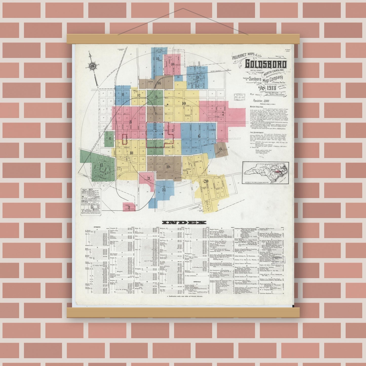 Old map wall art mockup — magnetic wood frame on brick wall — Sanborn Fire Insurance Map from Goldsboro, Wayne County, North Carolina (1918) - Complete Map Set