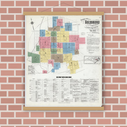 Old map wall art mockup — magnetic wood frame on brick wall — Sanborn Fire Insurance Map from Goldsboro, Wayne County, North Carolina (1918) - Complete Map Set