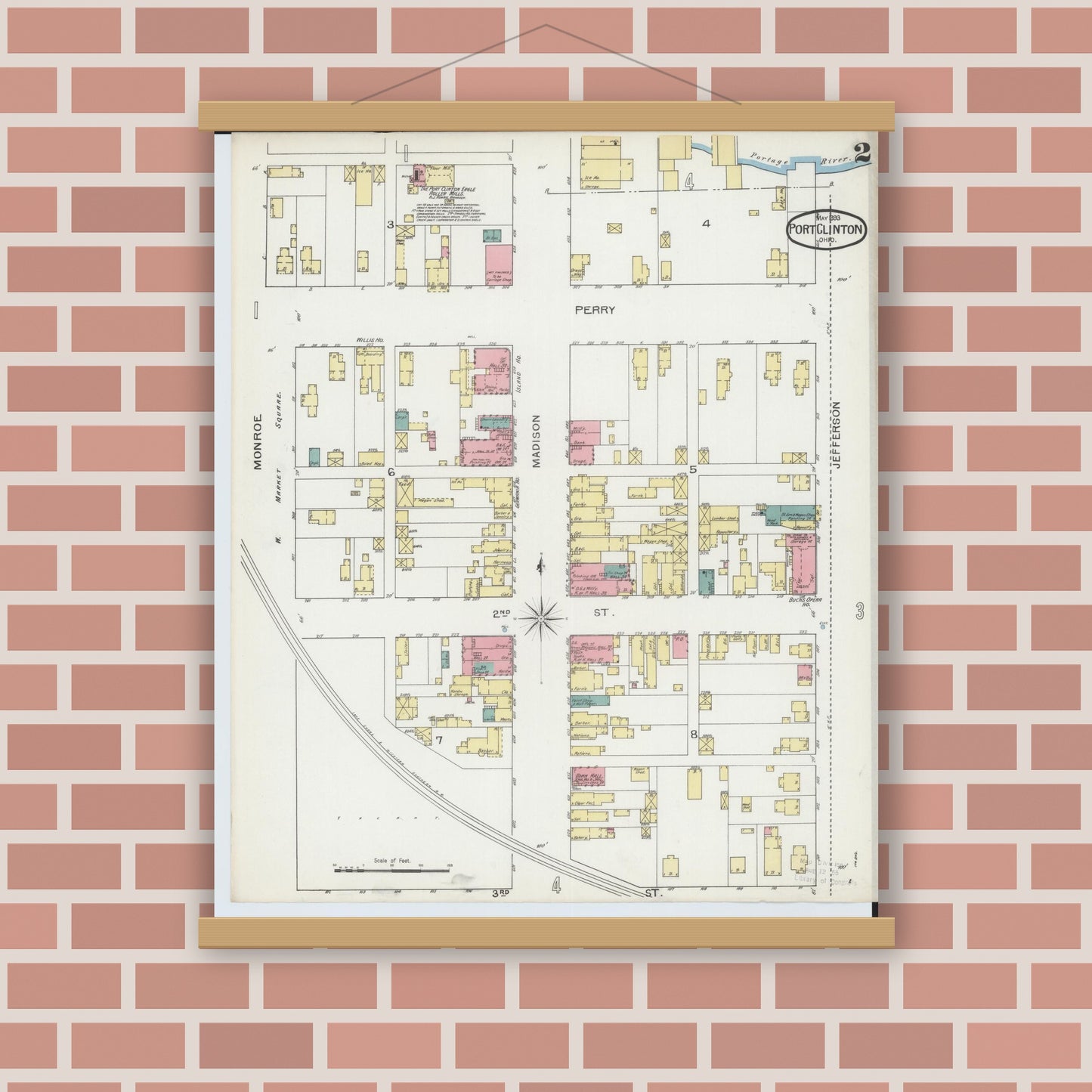 Old map wall art mockup — magnetic wood frame on brick wall — Sanborn Fire Insurance Map from Port Clinton, Ottawa County, Ohio (1893), Sheet #0002
