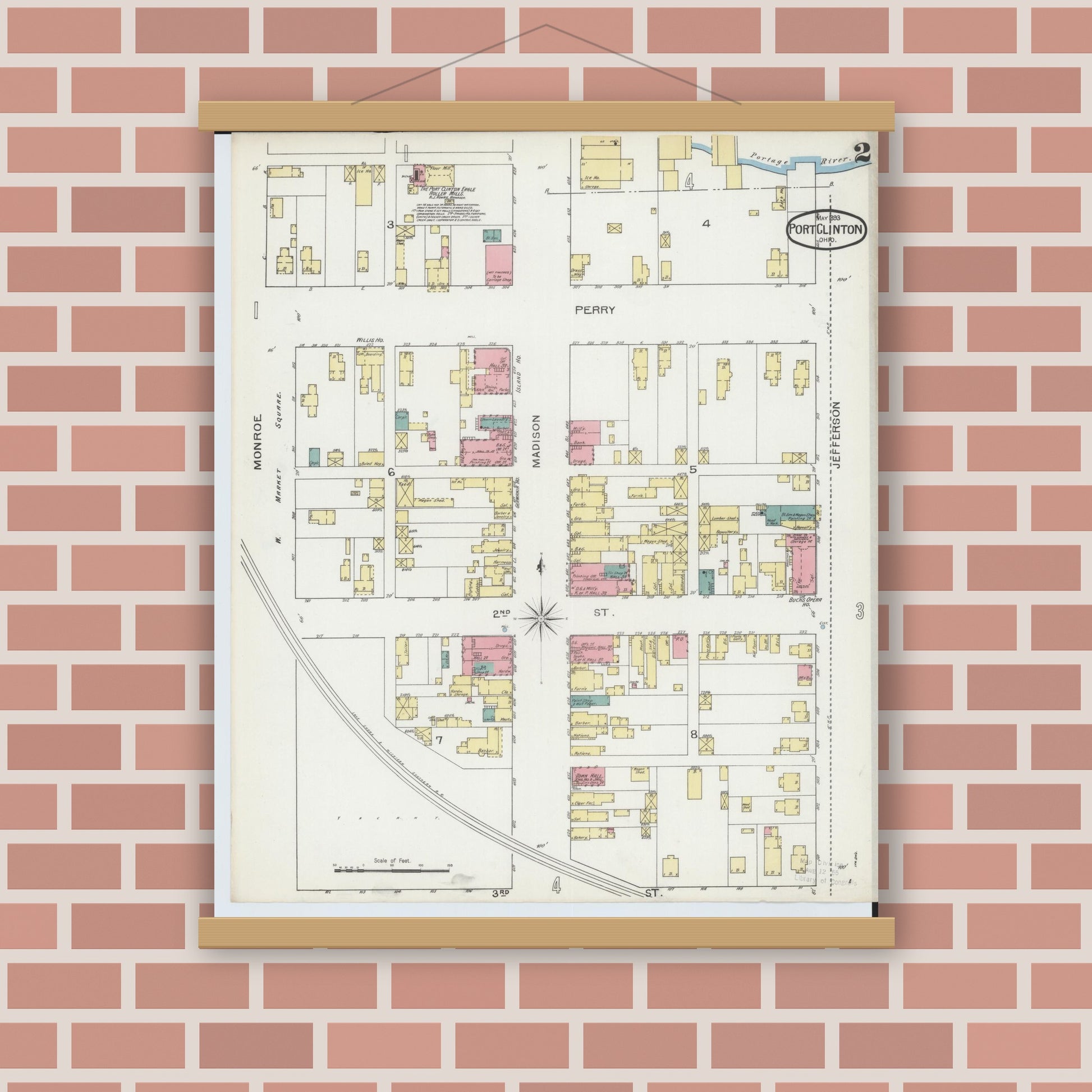 Old map wall art mockup — magnetic wood frame on brick wall — Sanborn Fire Insurance Map from Port Clinton, Ottawa County, Ohio (1893), Sheet #0002
