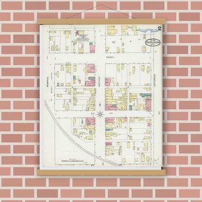 Old map wall art mockup — magnetic wood frame on brick wall — Sanborn Fire Insurance Map from Port Clinton, Ottawa County, Ohio (1893), Sheet #0002