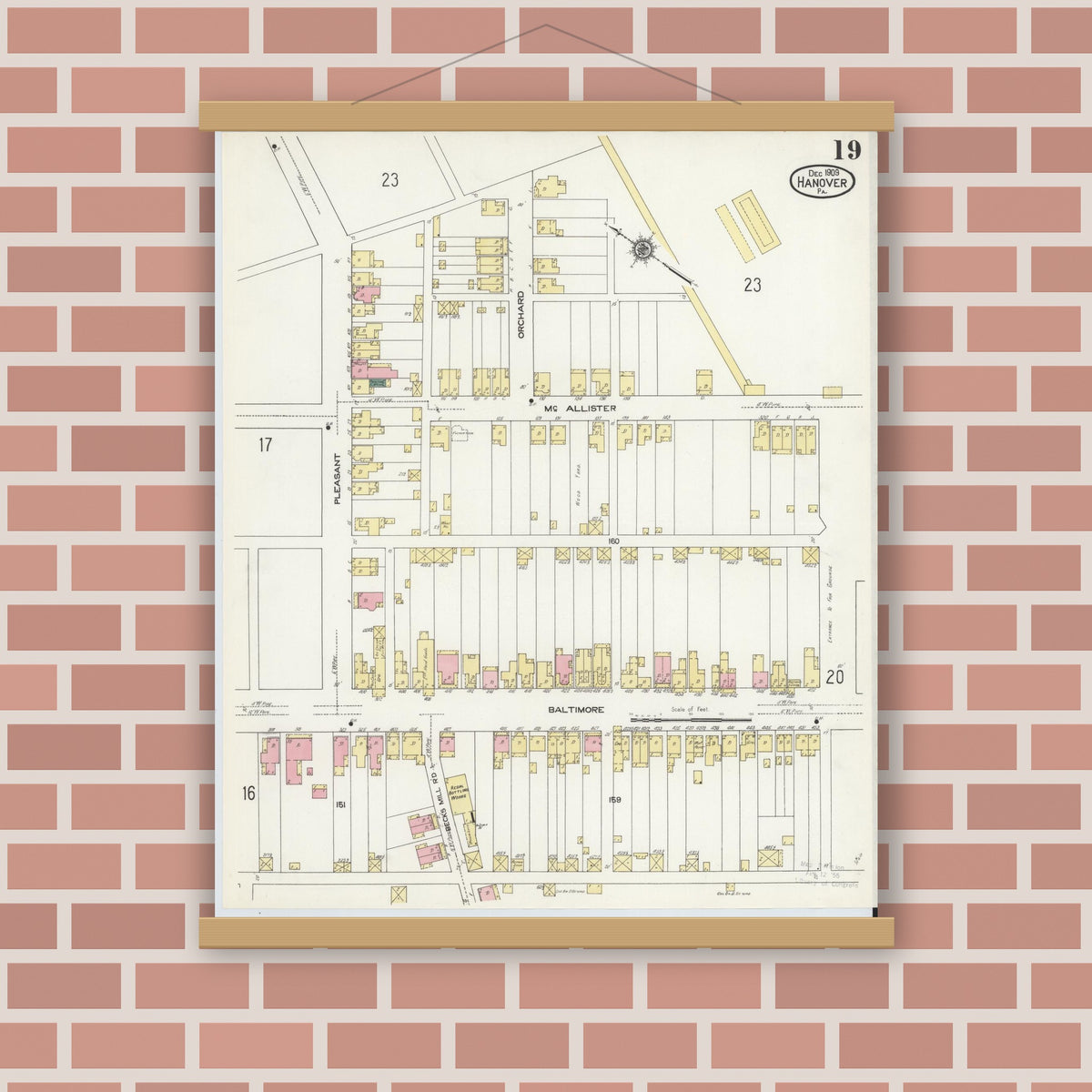 Old map wall art mockup — magnetic wood frame on brick wall — Sanborn Fire Insurance Map from Hanover, York County, Pennsylvania (1909), Sheet #0019