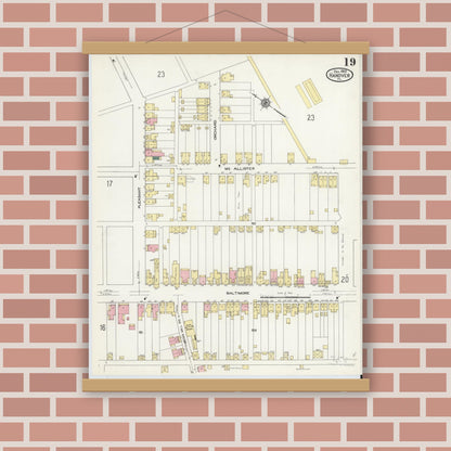 Old map wall art mockup — magnetic wood frame on brick wall — Sanborn Fire Insurance Map from Hanover, York County, Pennsylvania (1909), Sheet #0019