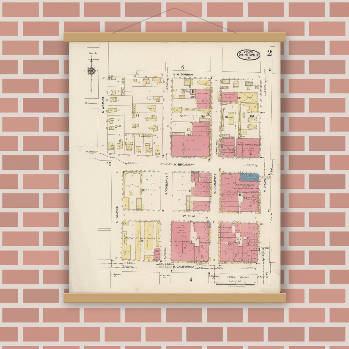 Old map wall art mockup — magnetic wood frame on brick wall — Sanborn Fire Insurance Map from Gainesville, Cooke County, Texas (1922), Sheet #0002