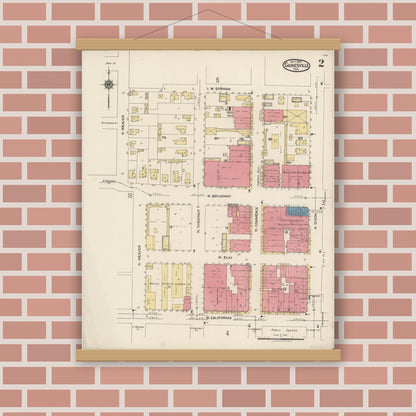 Old map wall art mockup — magnetic wood frame on brick wall — Sanborn Fire Insurance Map from Gainesville, Cooke County, Texas (1922), Sheet #0002