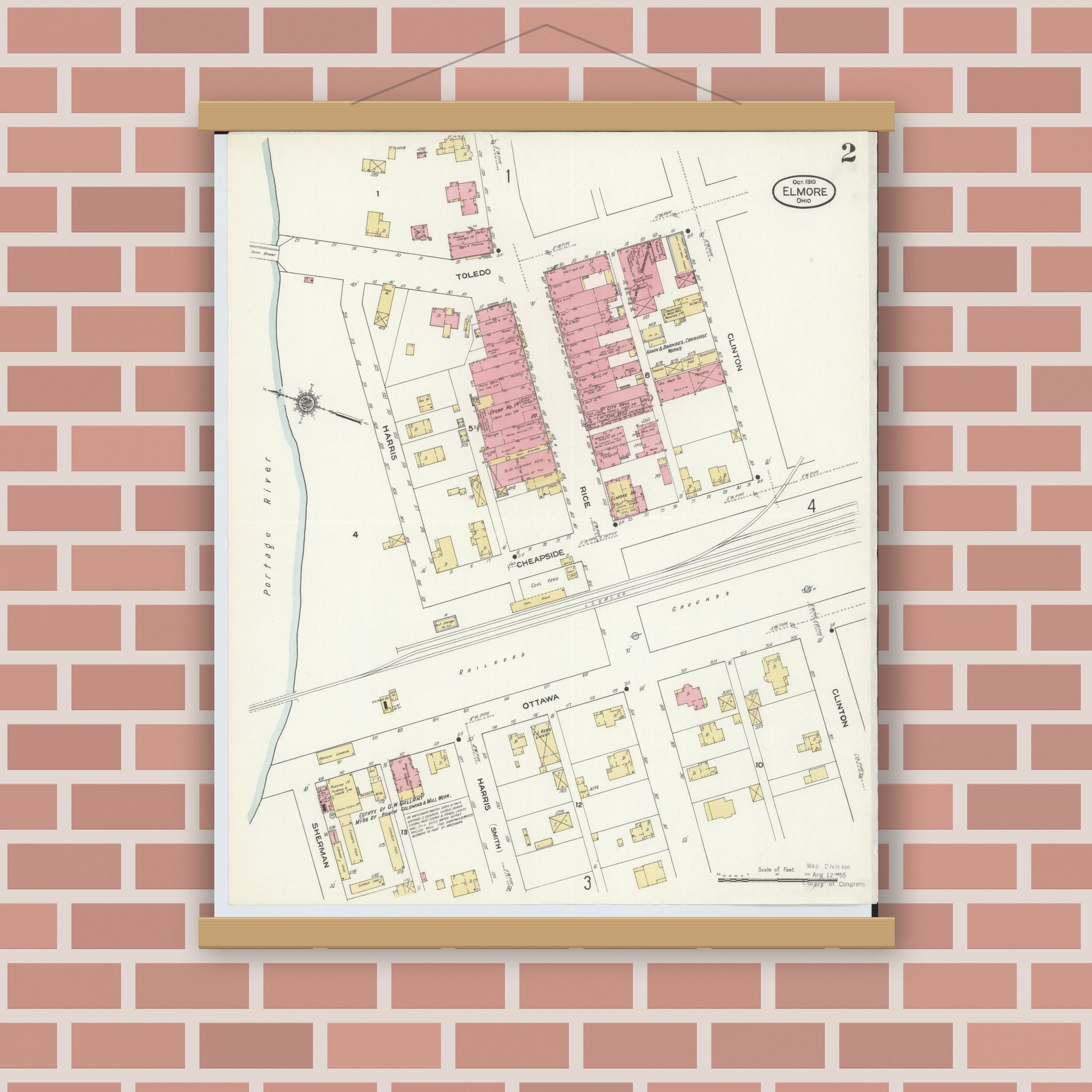 Old map wall art mockup — magnetic wood frame on brick wall — Sanborn Fire Insurance Map from Elmore, Ottawa County, Ohio (1910), Sheet #0002