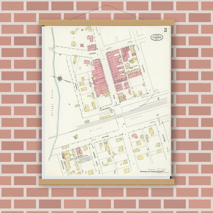Old map wall art mockup — magnetic wood frame on brick wall — Sanborn Fire Insurance Map from Elmore, Ottawa County, Ohio (1910), Sheet #0002