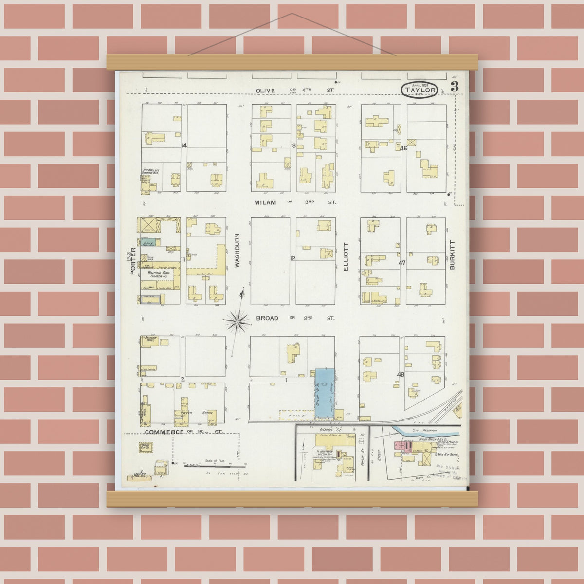 Old map wall art mockup — magnetic wood frame on brick wall — Sanborn Fire Insurance Map from Taylor, Williamson County, Texas (1893), Sheet #0003