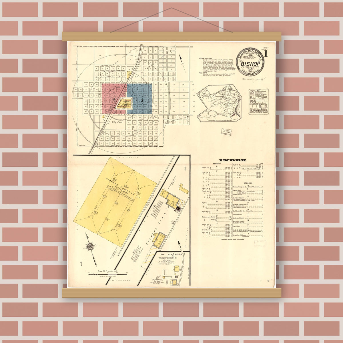 Old map wall art mockup — magnetic wood frame on brick wall — Sanborn Fire Insurance Map from Bishop, Nueces County, Texas (1922), Sheet #0001