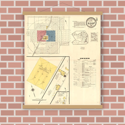 Old map wall art mockup — magnetic wood frame on brick wall — Sanborn Fire Insurance Map from Bishop, Nueces County, Texas (1922), Sheet #0001