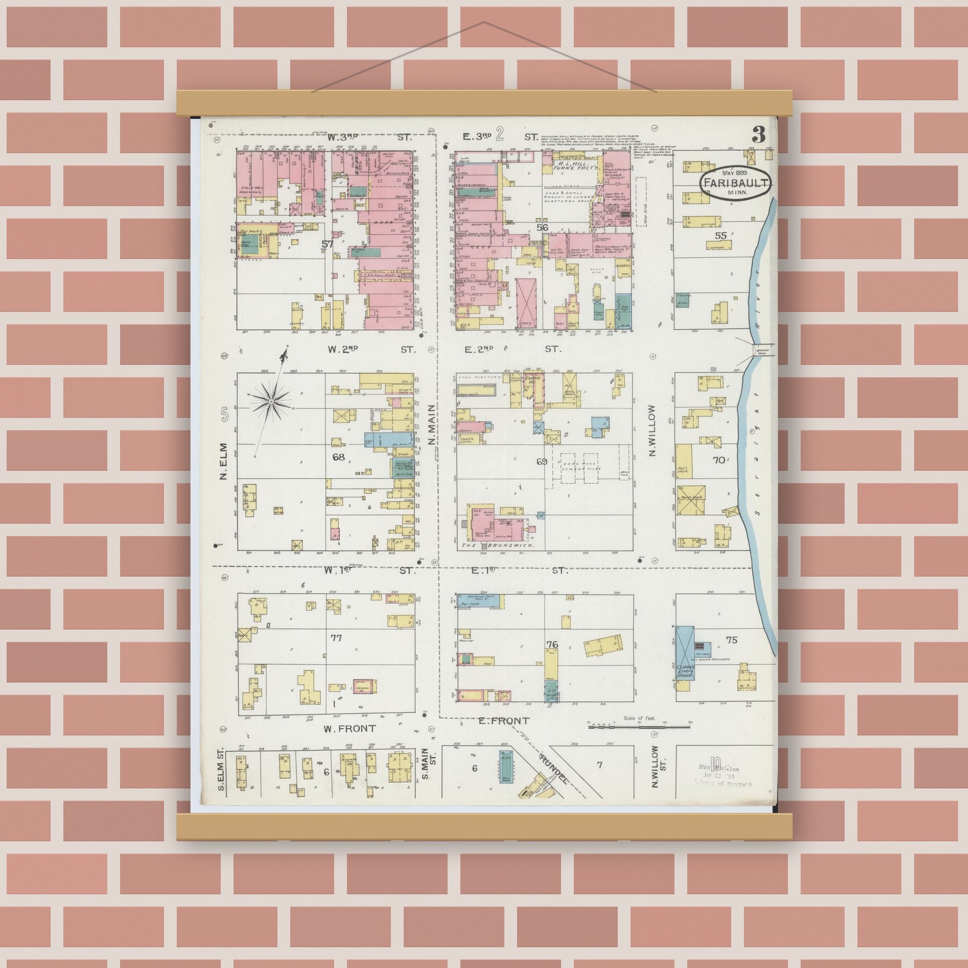 Old map wall art mockup — magnetic wood frame on brick wall — Sanborn Fire Insurance Map from Faribault, Rice County, Minnesota (1893), Sheet #0003