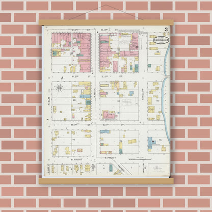 Old map wall art mockup — magnetic wood frame on brick wall — Sanborn Fire Insurance Map from Faribault, Rice County, Minnesota (1893), Sheet #0003