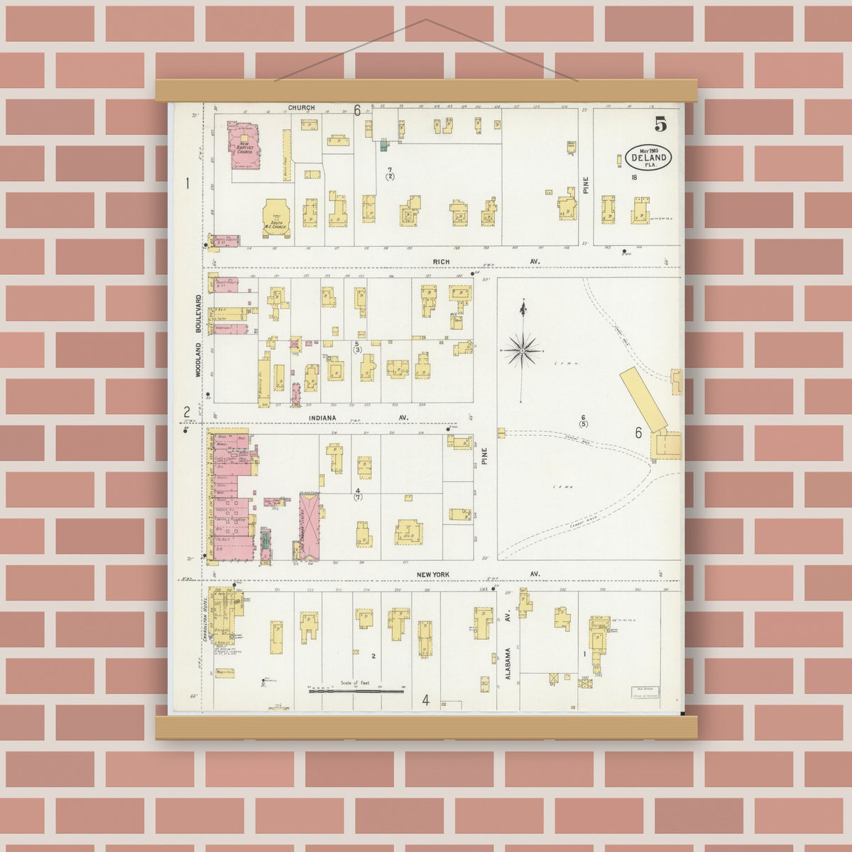 Old map wall art mockup — magnetic wood frame on brick wall — Sanborn Fire Insurance Map from De Land, Volusia County, Florida (1903), Sheet #0005