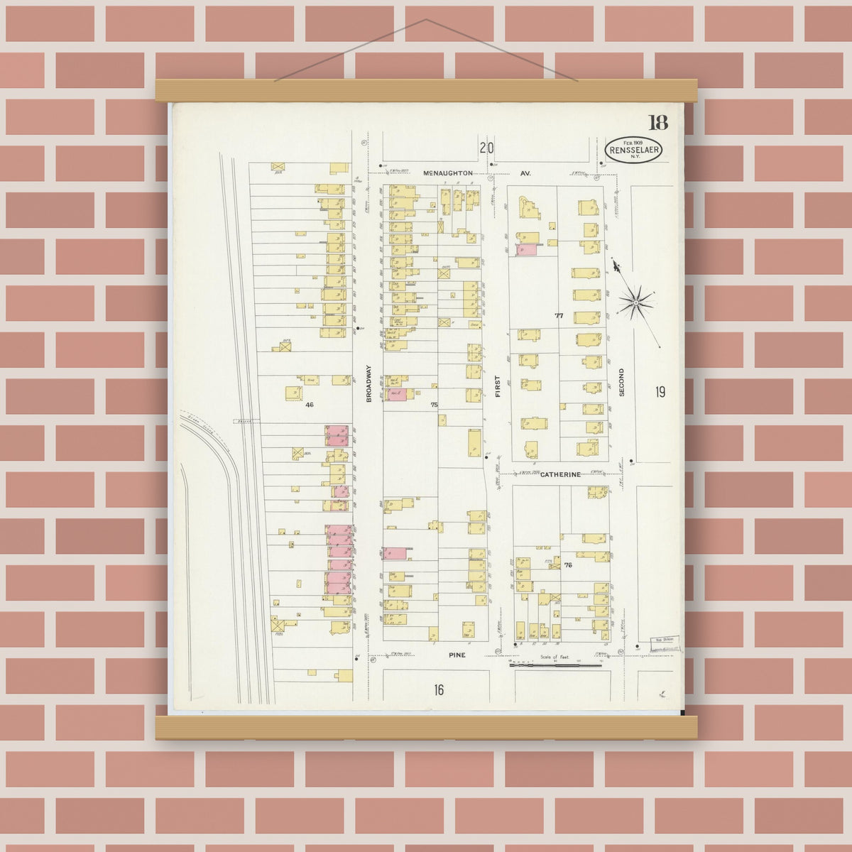 Old map wall art mockup — magnetic wood frame on brick wall — Sanborn Fire Insurance Map from Rensselaer, Rensselaer County, New York (1909), Sheet #0018