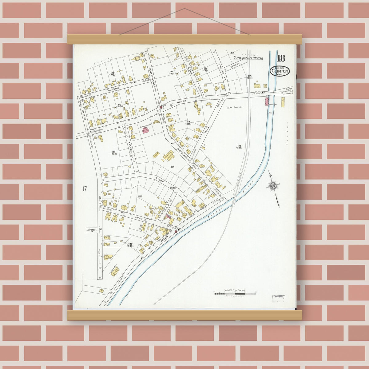 Old map wall art mockup — magnetic wood frame on brick wall — Sanborn Fire Insurance Map from Clinton, Worcester County, Massachusetts (1919), Sheet #0018