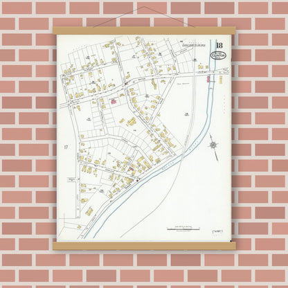 Old map wall art mockup — magnetic wood frame on brick wall — Sanborn Fire Insurance Map from Clinton, Worcester County, Massachusetts (1919), Sheet #0018