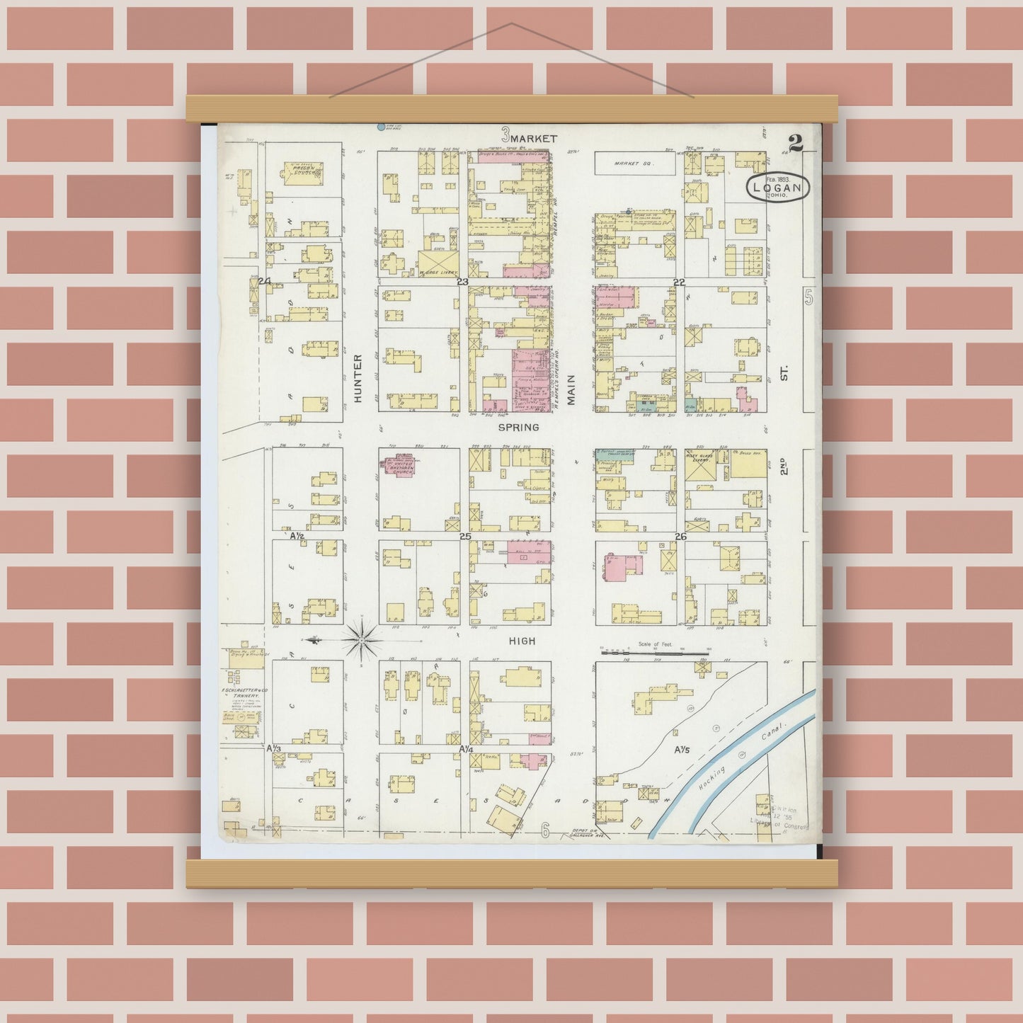 Old map wall art mockup — magnetic wood frame on brick wall — Sanborn Fire Insurance Map from Logan, Hocking County, Ohio (1893), Sheet #0002