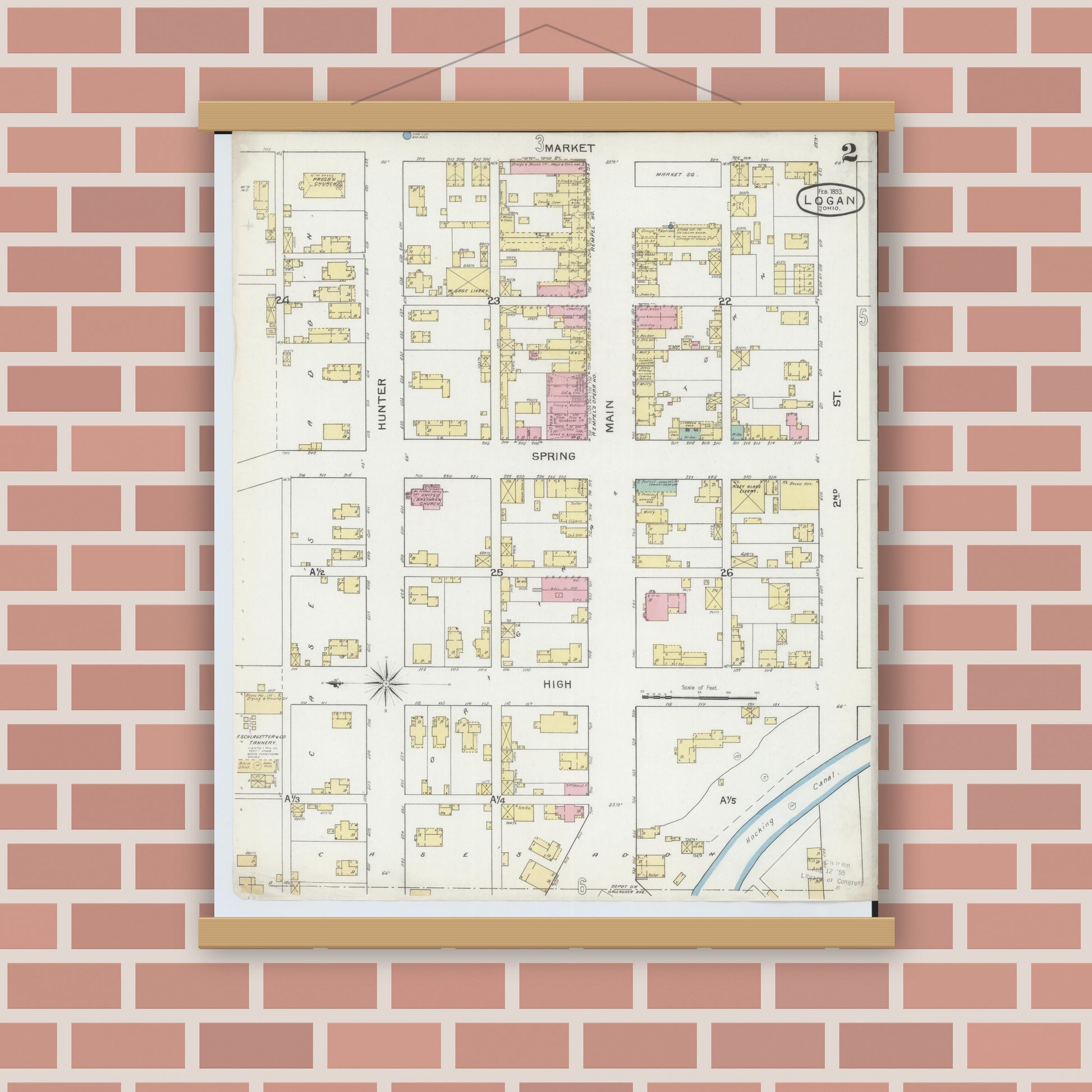 Old map wall art mockup — magnetic wood frame on brick wall — Sanborn Fire Insurance Map from Logan, Hocking County, Ohio (1893), Sheet #0002