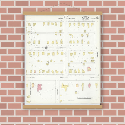 Old map wall art mockup — magnetic wood frame on brick wall — Sanborn Fire Insurance Map from Alma, Gratiot County, Michigan (1910), Sheet #0006