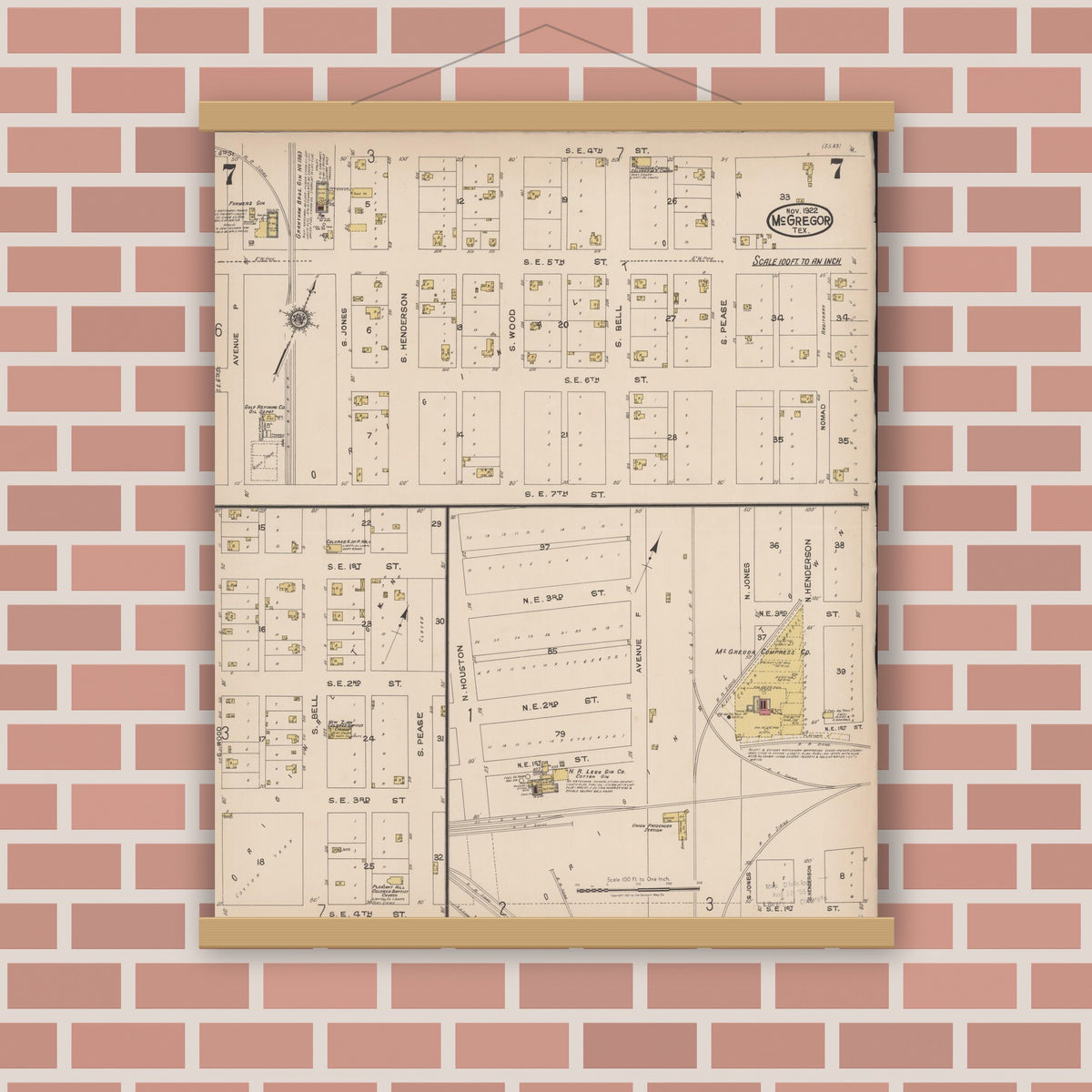 Old map wall art mockup — magnetic wood frame on brick wall — Sanborn Fire Insurance Map from McGregor, McLennan County, Texas (1922), Sheet #0007