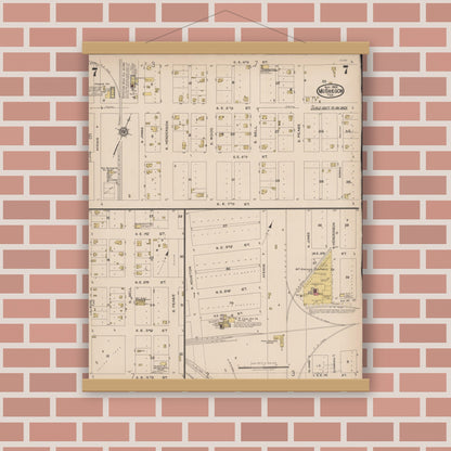 Old map wall art mockup — magnetic wood frame on brick wall — Sanborn Fire Insurance Map from McGregor, McLennan County, Texas (1922), Sheet #0007