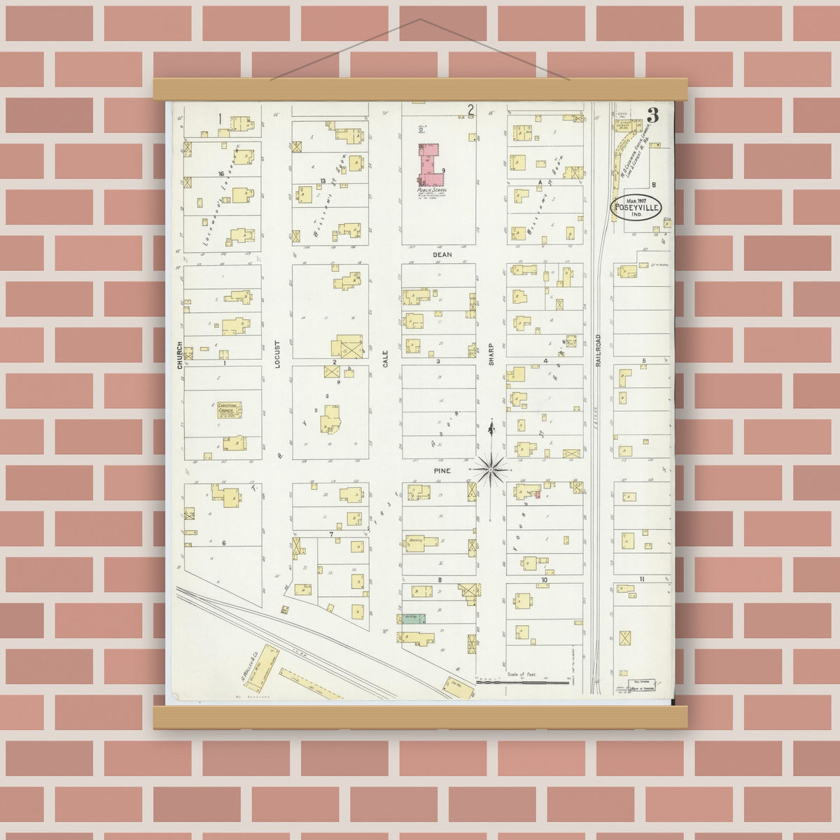 Old map wall art mockup — magnetic wood frame on brick wall — Sanborn Fire Insurance Map from Poseyville, Posey County, Indiana (1907), Sheet #0003