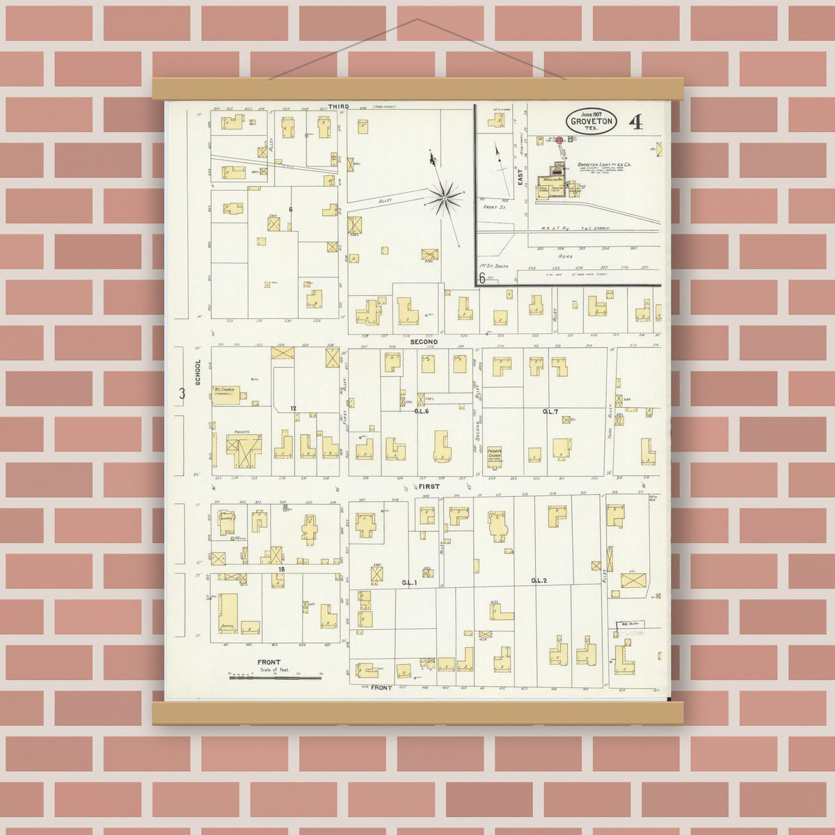 Old map wall art mockup — magnetic wood frame on brick wall — Sanborn Fire Insurance Map from Groveton, Trinity County, Texas (1907), Sheet #0004